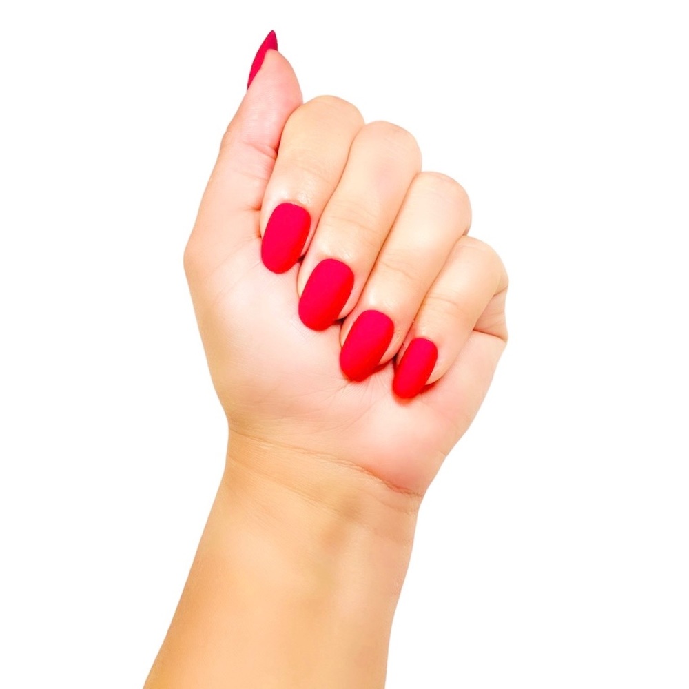 Cherry red nails short squoval.